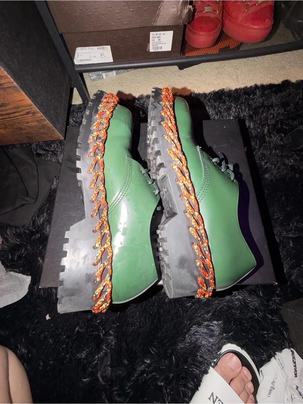 Balenciaga Green Lace-Up Platform Men Boots with Multicolor Braided Sole